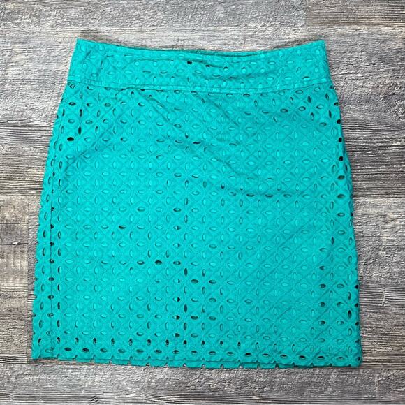 Ann Taylor turquoise green eyelet straight pencil skirt size 2 B171 - Picture 1 of 4
